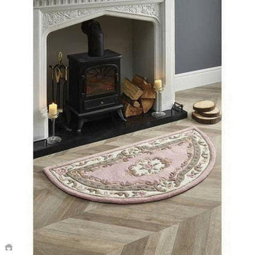 Shensi Traditional Floral Aubusson Medallion Border French-Style Hand-Carved Hi-Low Textured Soft Durable Wool Pink Semi-Circle Half Moon Hearth Rug-Origins-Rug Love - The Most Loved Rug Store